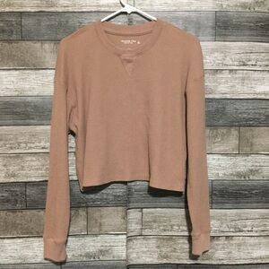 Abercrombie Cropped Waffle Knit Top Beige Long Sleeve Soft Cozy Size S